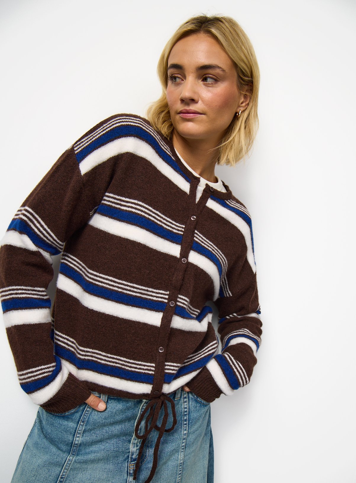 Brown Stripe Print Drawcord Hem Crew Neck Cardigan M - Image 2 thumbnail